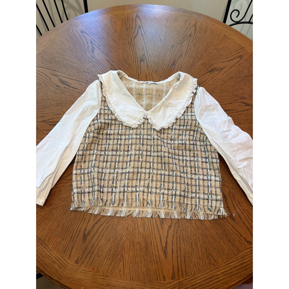 English Factory Tweed Plaid Peter Pan Collar Layered Top Tan Blue Multi Size L - Picture 2 of 8